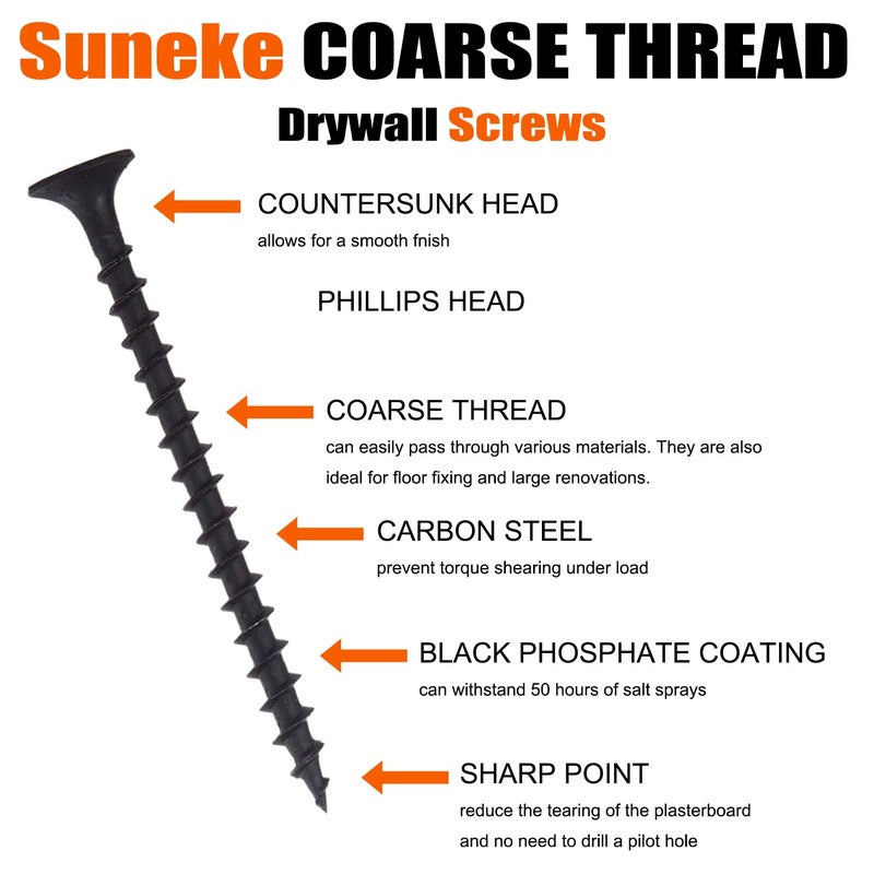 SUNEKE 1000PCS #6 X 1-1/4" High Hardness Drywall Collated Screws, Black Phosphate, Coarse Thread, Phillips Drive, Bugle Head, Wood Screws with Organizer Box - Image 2
